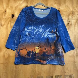 i. b. diffusion Halloween Graphic 3/4 Sleeve Blue T-Shirt Plus Size XXL
